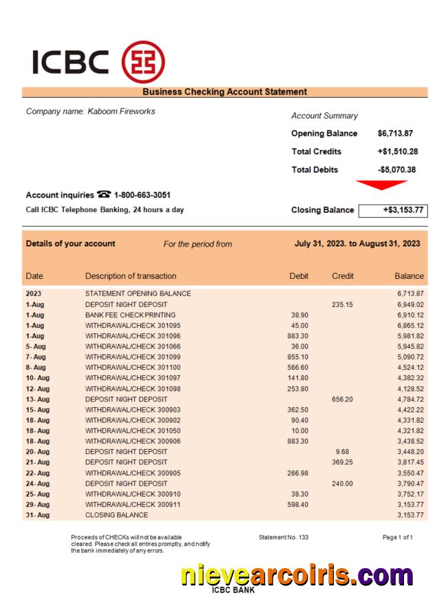 ICBC bank business checking account statement
